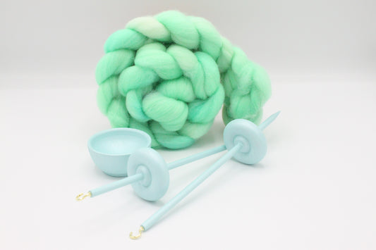 Complete Beginner Pastel Green Drop Spindle Spinning Kit - Midi Size - Top Whorl, Bottom Whorl, Supported, and Roving