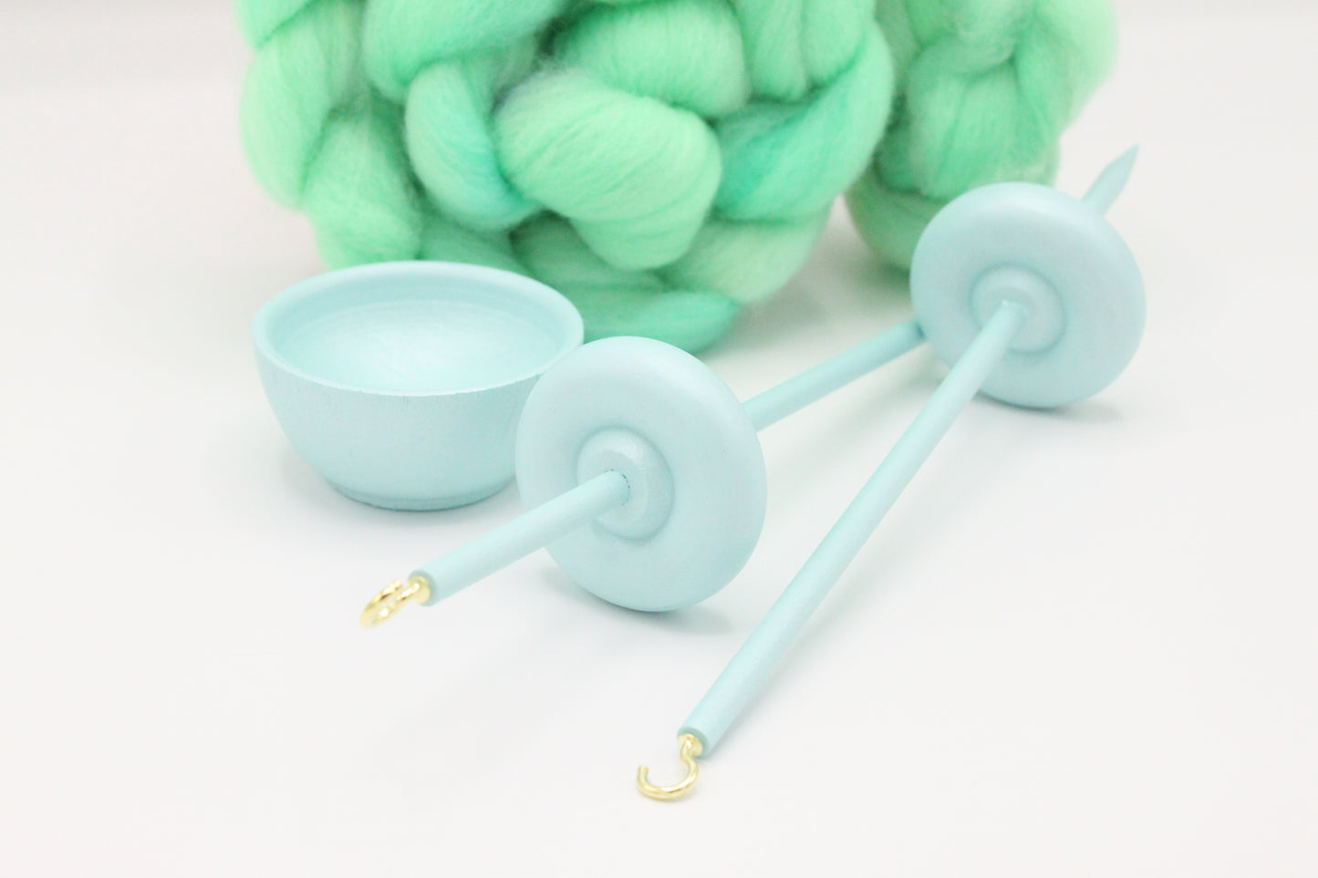 Complete Beginner Pastel Green Drop Spindle Spinning Kit - Midi Size - Top Whorl, Bottom Whorl, Supported, and Roving