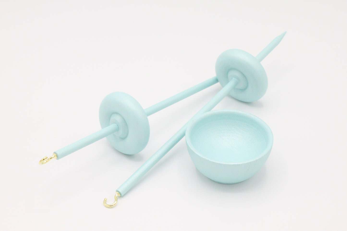 Complete Beginner Pastel Green Drop Spindle Spinning Kit - Midi Size - Top Whorl, Bottom Whorl, Supported, and Roving