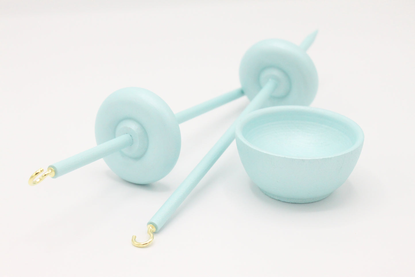 Complete Beginner Pastel Green Drop Spindle Spinning Kit - Midi Size - Top Whorl, Bottom Whorl, Supported, and Roving