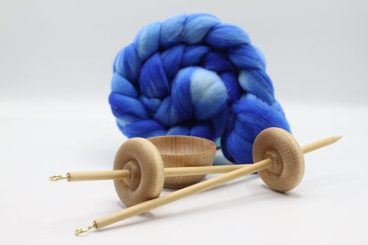 Complete Beginner Drop Spindle Kit - Midi Kit Blue- Top Whorl, Bottom Whorl, Supported and Roving
