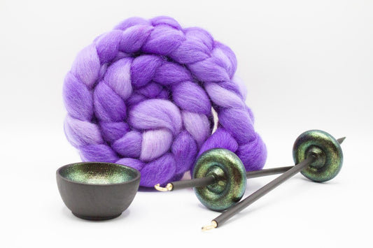 Complete Beginner Emerald Dragon Drop Spindle Spinning Kit - Midi Size Purple - Top Whorl, Bottom Whorl, Supported, and Roving