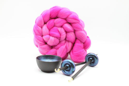 Complete Beginner Mermaid Drop Spindle Spinning Kit - Mini Size Pink - Top Whorl, Bottom Whorl, Supported, and Roving