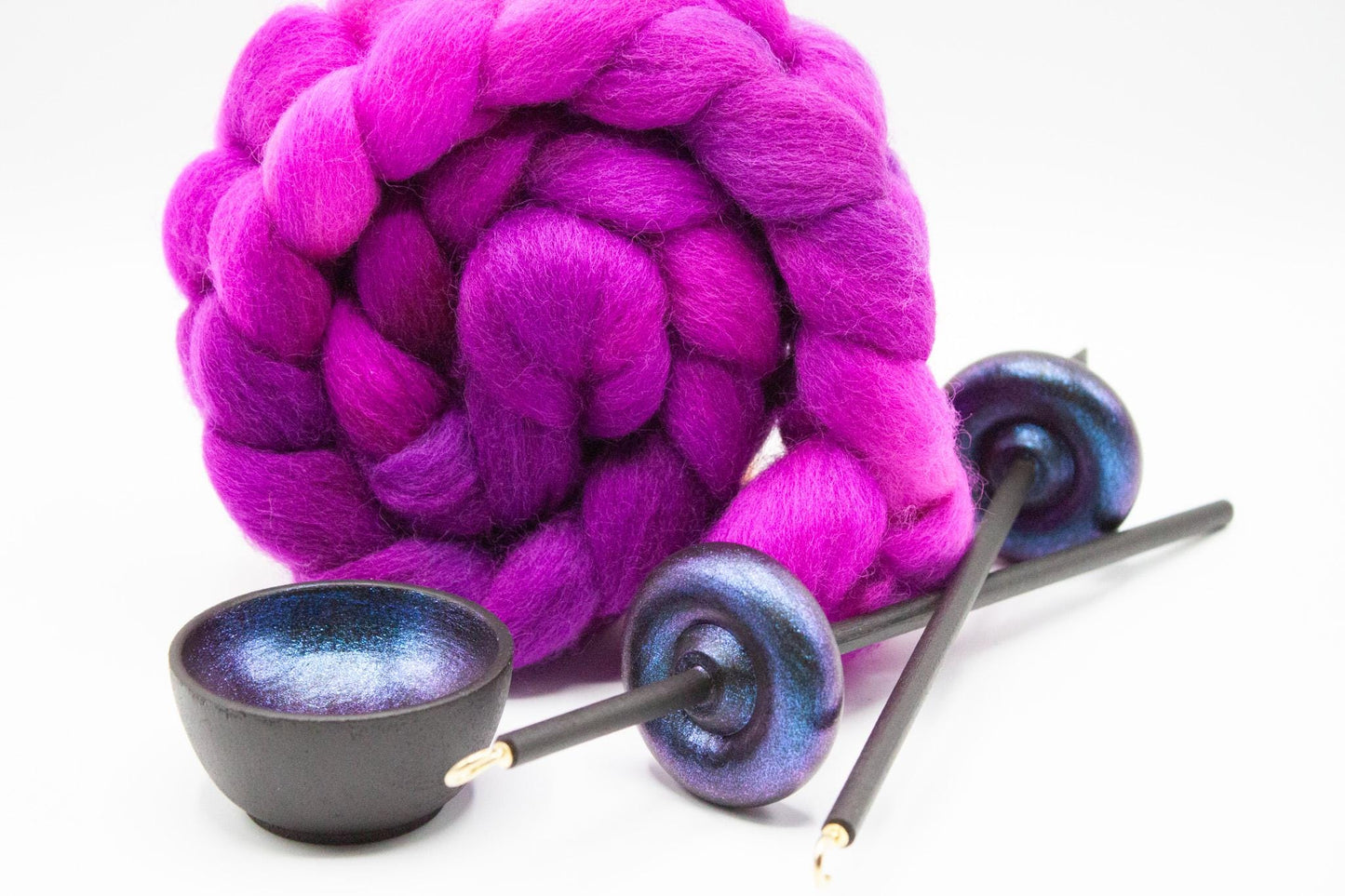 Complete Beginner Electric Night Drop Spindle Spinning Kit - Midi Size Berry Crush - Top Whorl, Bottom Whorl, Supported, and Roving