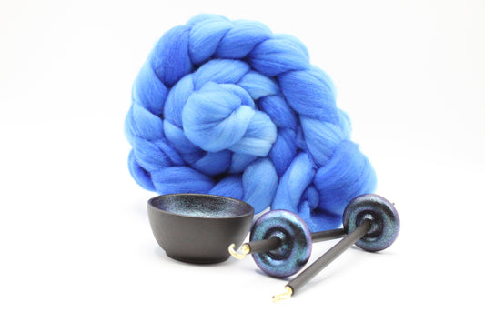 Complete Beginner/Learn To Spin Mermaid Drop Spindle Spinning Kit - Mini Size Blue- Top Whorl, Bottom Whorl, Supported, and Roving