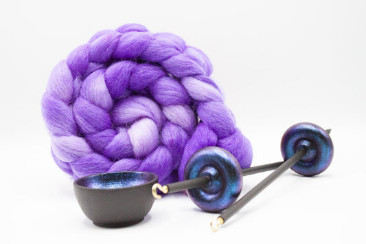 Complete Beginner Electric Night Drop Spindle Spinning Kit - Midi Size Purple - Top Whorl, Bottom Whorl, Supported, and Roving