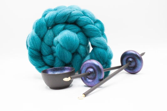 Complete Beginner Electric Night Drop Spindle Spinning Kit - Midi Size Teal - Top Whorl, Bottom Whorl, Supported, and Roving