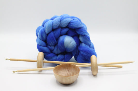 Beginners Lace Weight Complete Drop Spindle Kit - Blue - Top Whorl, Bottom Whorl, Supported, and Roving