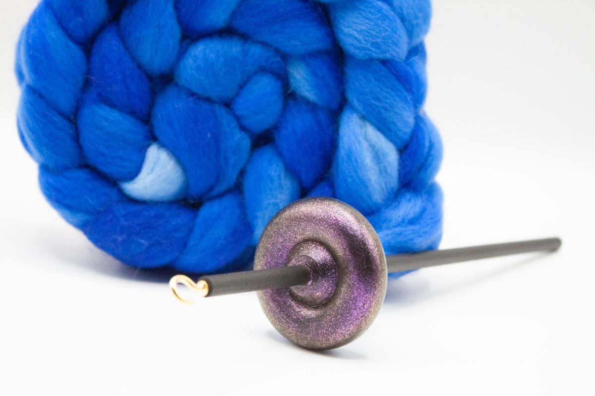 Beginner Learn To Spin Kit - Sunset Midi Lace Weight Top or Bottom Drop Spindle - Red Gold Violet Shifting Colors - Sapphire