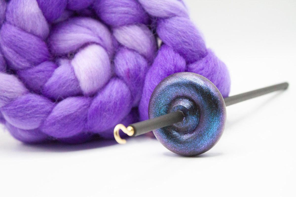 Beginner Learn To Spin Kit - Electric Night Midi Lace Weight Top or Bottom Drop Spindle - Red Violet Blue Shifting Colors - Purple