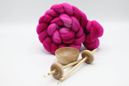 Complete Beginner Drop Spindle Spinning Kit - Mini Size Pink - Learn To Spin - Top Whorl, Bottom Whorl, Supported, and Roving