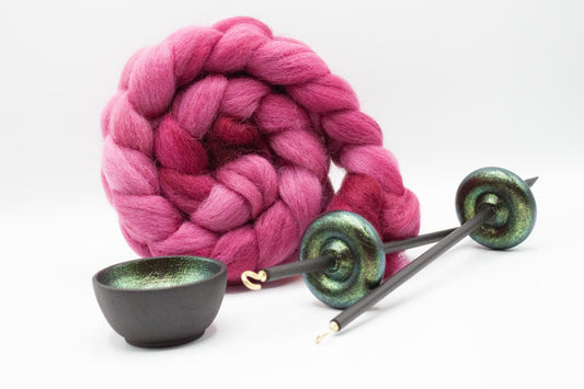 Complete Beginner Emerald Dragon Drop Spindle Spinning Kit - Midi Size Pink - Top Whorl, Bottom Whorl, Supported, and Roving
