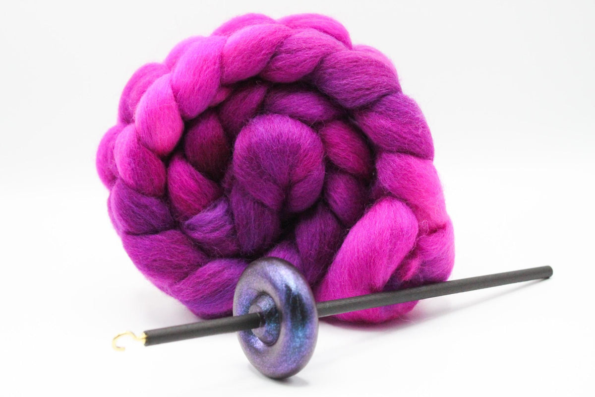 Beginner Learn To Spin Kit - Electric Night Midi Lace Weight Top or Bottom Drop Spindle - Red Violet Blue Shifting Colors - Berry Crush