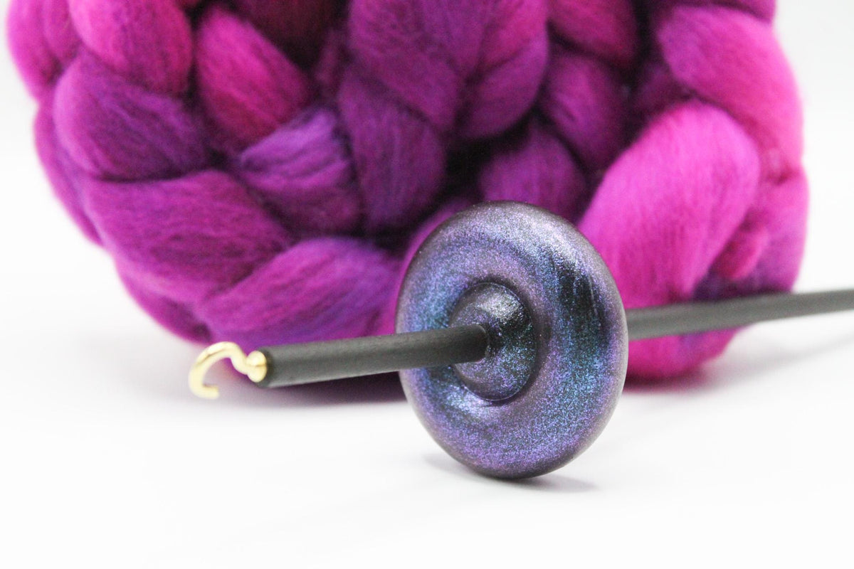 Beginner Learn To Spin Kit - Electric Night Midi Lace Weight Top or Bottom Drop Spindle - Red Violet Blue Shifting Colors - Berry Crush