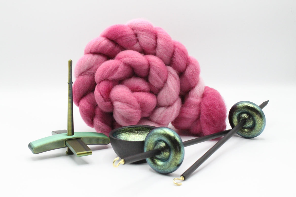 Ultimate Beginner Emerald Dragon Drop Spindle Kit - Midi Size Pink - Top Bottom Supported Turkish - Learn To Spin Kit