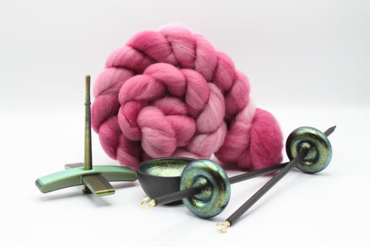 Ultimate Beginner Emerald Dragon Drop Spindle Kit - Midi Size Pink - Top Bottom Supported Turkish - Learn To Spin Kit