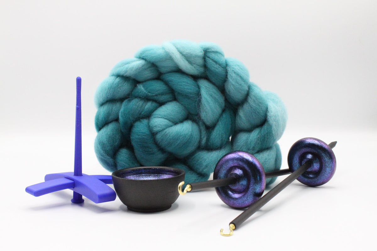 Ultimate Beginner Blue & Electric Night Drop Spindle Kit - Midi Size Teal - Top Bottom Supported Turkish - Learn To Spin Kit