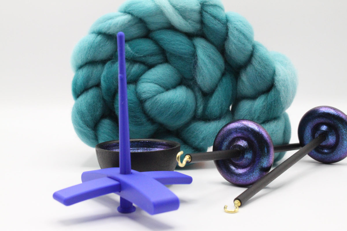 Ultimate Beginner Blue & Electric Night Drop Spindle Kit - Midi Size Teal - Top Bottom Supported Turkish - Learn To Spin Kit