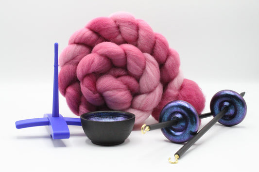 Ultimate Beginner Blue & Electric Night Drop Spindle Kit - Midi Size Pink - Top Bottom Supported Turkish - Learn To Spin Kit