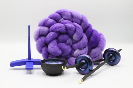 Ultimate Beginner Blue & Electric Night Drop Spindle Kit - Midi Size Purple - Top Bottom Supported Turkish - Learn To Spin Kit