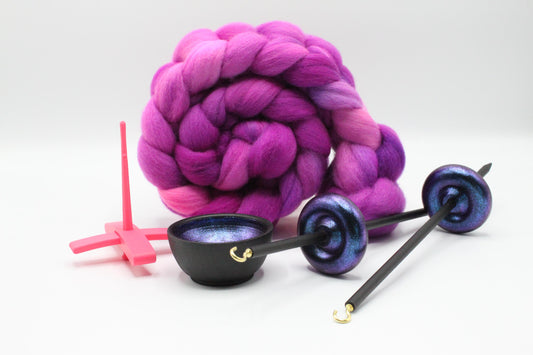 Ultimate Beginner Pink & Electric Night Drop Spindle Kit - Midi Size Berry Crush - Top Bottom Supported Turkish - Learn To Spin Kit