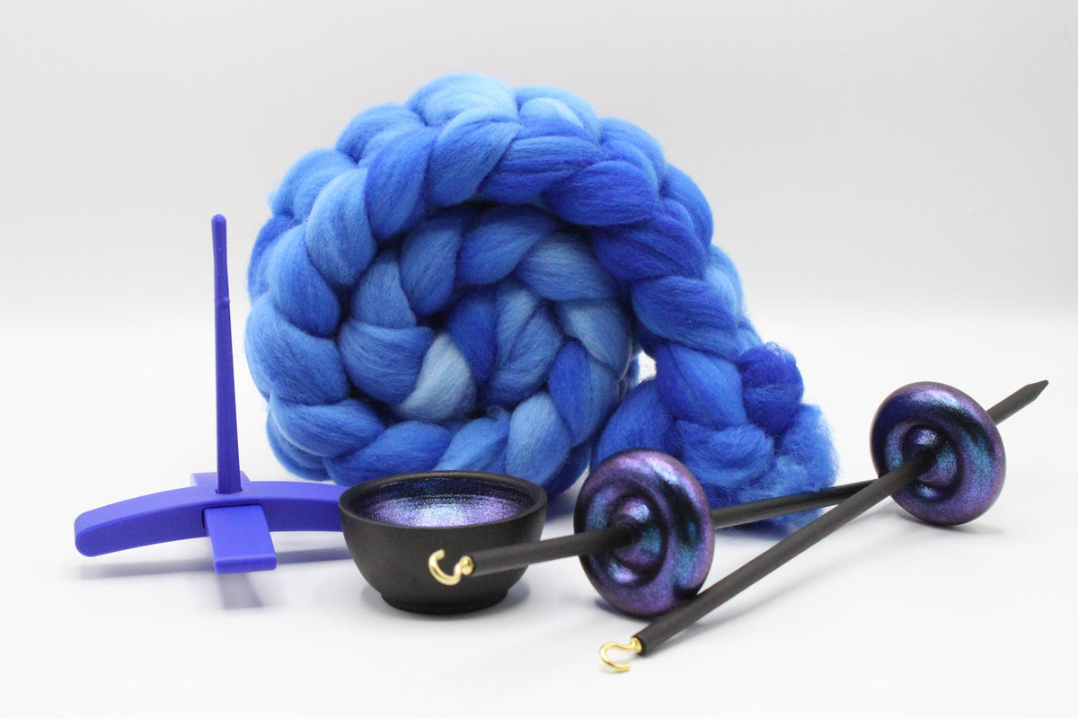 Ultimate Beginner Blue & Electric Night Drop Spindle Kit - Midi Size Blue - Top Bottom Supported Turkish - Learn To Spin Kit