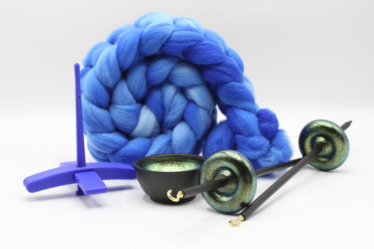 Ultimate Beginner Blue & Emerald Dragon Drop Spindle Kit - Midi Size Blue - Top Bottom Supported Turkish - Learn To Spin Kit
