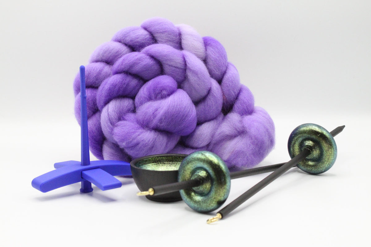 Ultimate Beginner Blue & Emerald Dragon Drop Spindle Kit - Midi Size Purple - Top Bottom Supported Turkish - Learn To Spin Kit