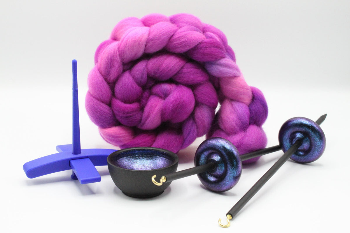 Ultimate Beginner Blue & Emerald Dragon Drop Spindle Kit - Midi Size Berry Crush - Top Bottom Supported Turkish - Learn To Spin Kit