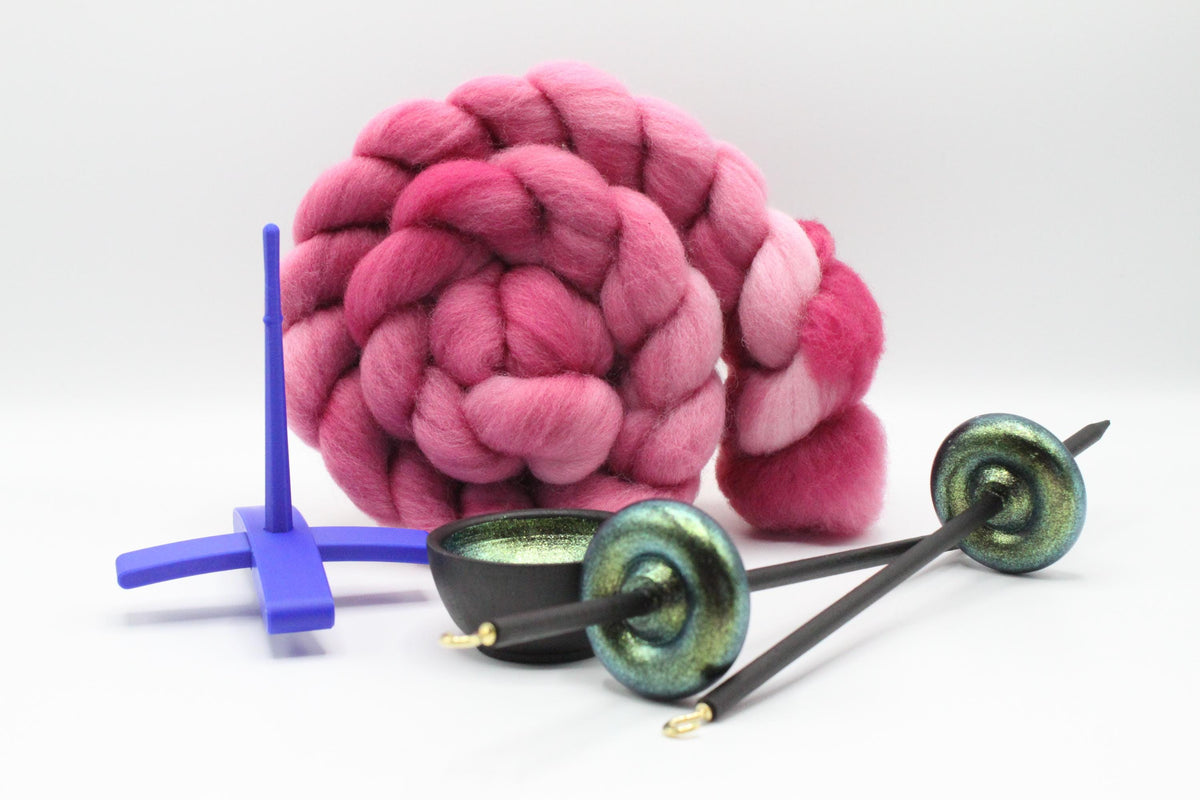 Ultimate Beginner Blue & Emerald Dragon Drop Spindle Kit - Midi Size Pink - Top Bottom Supported Turkish - Learn To Spin Kit