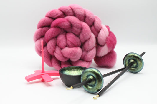 Ultimate Beginner Pink & Emerald Dragon Drop Spindle Kit - Midi Size Pink - Top Bottom Supported Turkish - Learn To Spin Kit