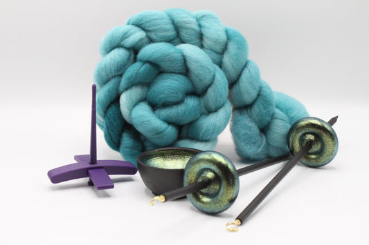 Ultimate Beginner Purple & Emerald Dragon Drop Spindle Kit - Midi Size Teal - Top Bottom Supported Turkish - Learn To Spin Kit