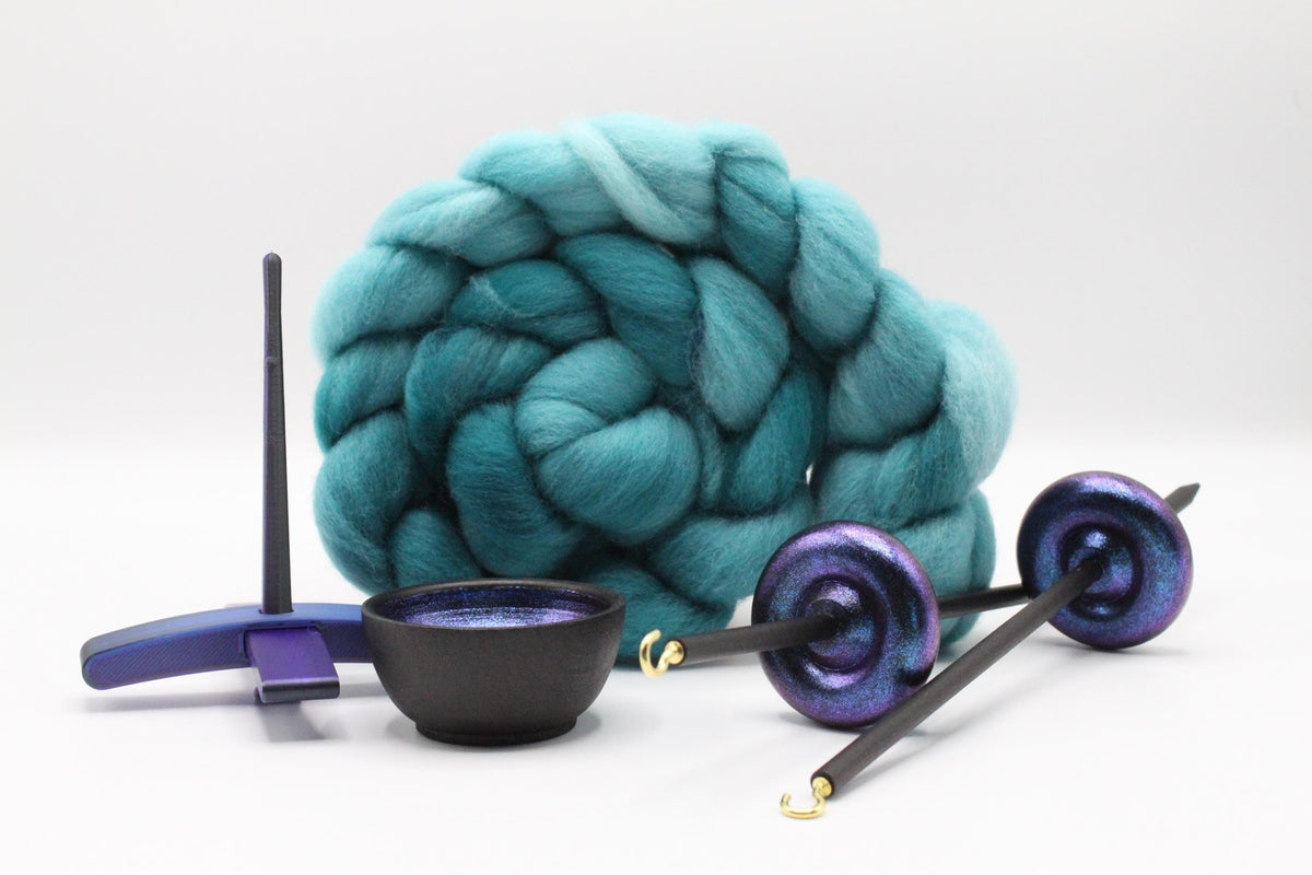 Ultimate Beginner Electric Night Drop Spindle Kit - Midi Size Teal - Top Bottom Supported Turkish - Learn To Spin Kit
