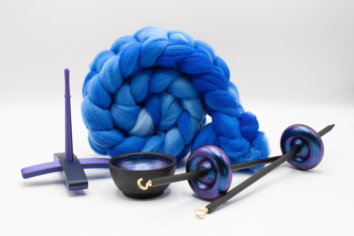 Ultimate Beginner Electric Night Drop Spindle Kit - Midi Size Blue - Top Bottom Supported Turkish - Learn To Spin Kit
