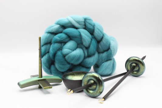 Ultimate Beginner Emerald Dragon Drop Spindle Kit - Midi Size Teal - Top Bottom Supported Turkish - Learn To Spin Kit