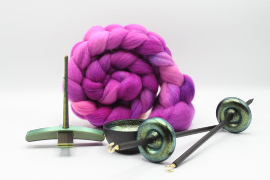 Ultimate Beginner Emerald Dragon Drop Spindle Kit - Midi Size Berry Crush - Top Bottom Supported Turkish - Learn To Spin Kit