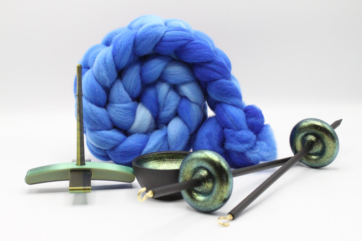 Ultimate Beginner Emerald Dragon Drop Spindle Kit - Midi Size Blue - Top Bottom Supported Turkish - Learn To Spin Kit