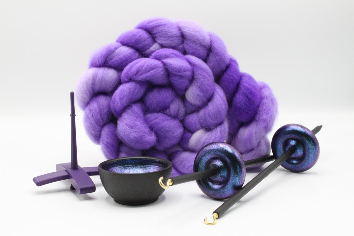 Ultimate Beginner Purple & Electric Night Drop Spindle Kit - Midi Size Purple - Top Bottom Supported Turkish - Learn To Spin Kit