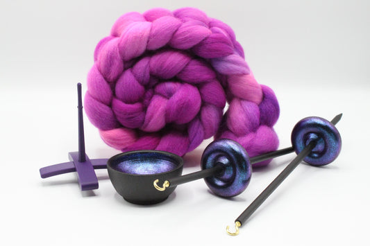Ultimate Beginner Purple & Electric Night Drop Spindle Kit - Midi Size Berry Crush - Top Bottom Supported Turkish - Learn To Spin Kit
