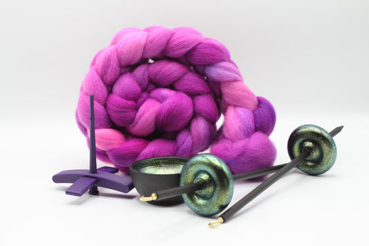 Ultimate Beginner Purple & Emerald Dragon Drop Spindle Kit - Midi Size Berry Crush - Top Bottom Supported Turkish - Learn To Spin Kit