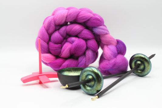 Ultimate Beginner Pink & Emerald Dragon Drop Spindle Kit - Midi Size Berry Crush - Top Bottom Supported Turkish - Learn To Spin Kit