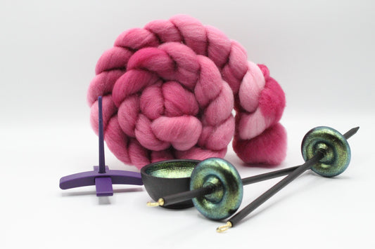 Ultimate Beginner Purple & Emerald Dragon Drop Spindle Kit - Midi Size Pink - Top Bottom Supported Turkish - Learn To Spin Kit