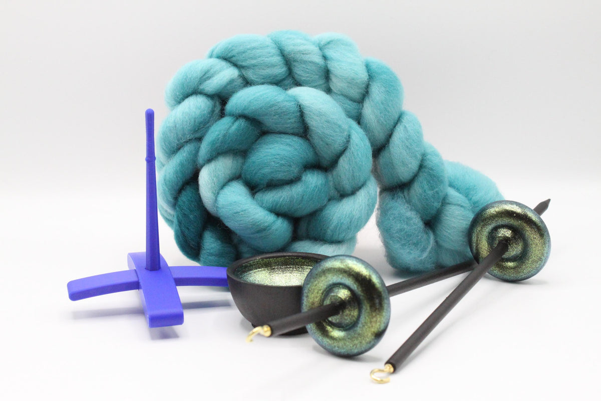 Ultimate Beginner Blue & Emerald Dragon Drop Spindle Kit - Midi Size Teal - Top Bottom Supported Turkish - Learn To Spin Kit