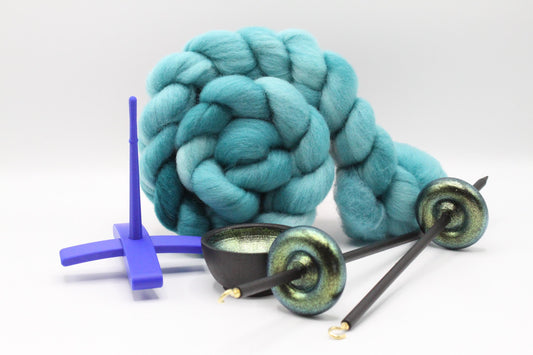 Ultimate Beginner Blue & Emerald Dragon Drop Spindle Kit - Midi Size Teal - Top Bottom Supported Turkish - Learn To Spin Kit