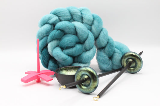 Ultimate Beginner Pink & Emerald Dragon Drop Spindle Kit - Midi Size Teal - Top Bottom Supported Turkish - Learn To Spin Kit