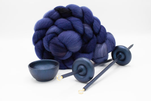 Complete Beginner Sea Serpent Drop Spindle Spinning Kit - Midi Size Navy - Top Whorl, Bottom Whorl, Supported, and Roving