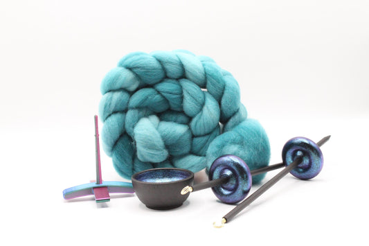 Ultimate Beginner Mermaid Drop Spindle Kit - Midi Size Teal - Top Bottom Supported Turkish - Learn To Spin Kit