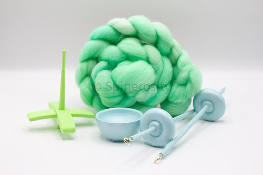 Ultimate Beginner Pastel Green Drop Spindle Kit - Midi Size - Top Bottom Supported Turkish - Learn To Spin Kit